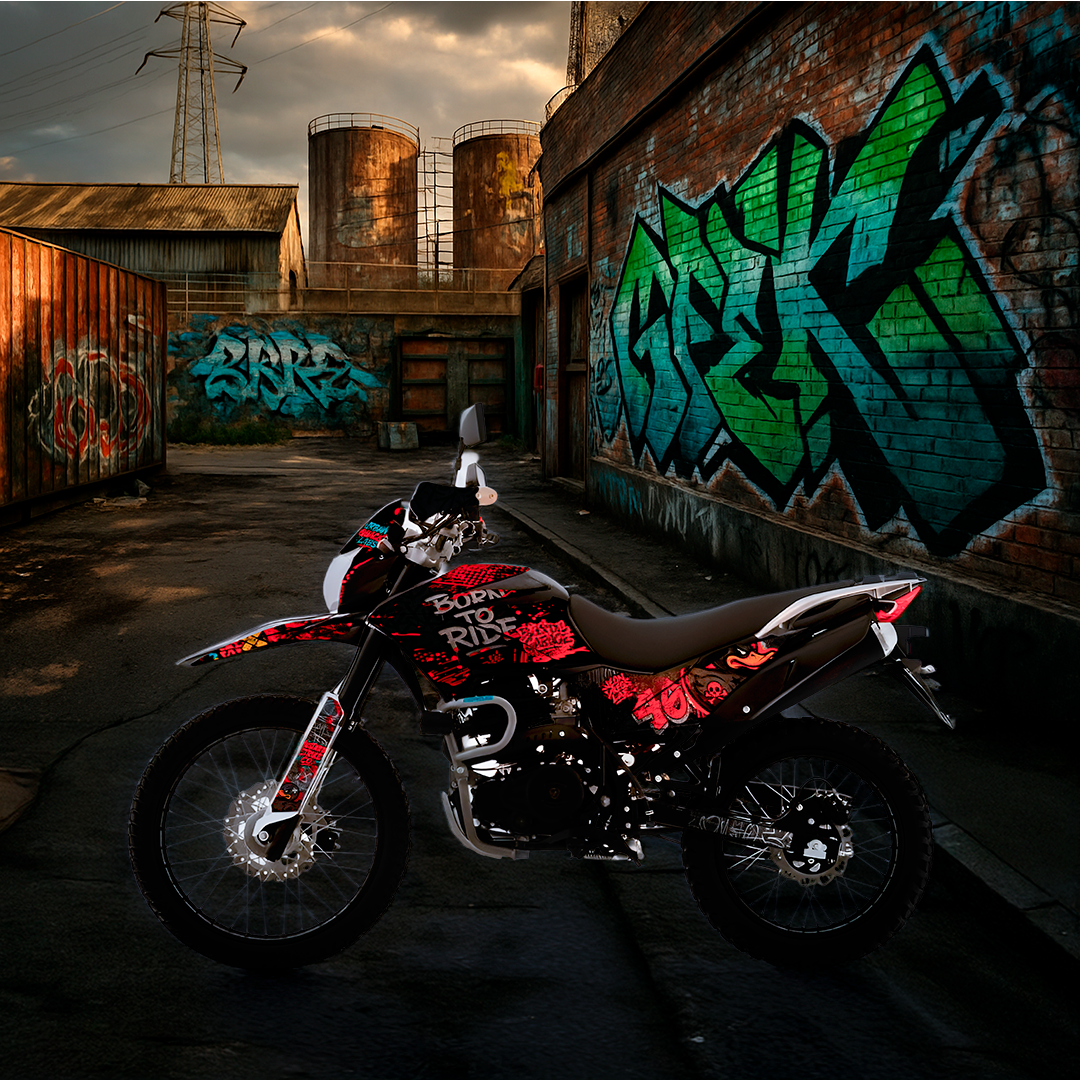 Sticker BTR Blackpool Garage para Italika DM250, DM200, Xeverus y Cross Max – Calcas premium estilo garage punk urbano – Kit de calcas premium para moto BTR
