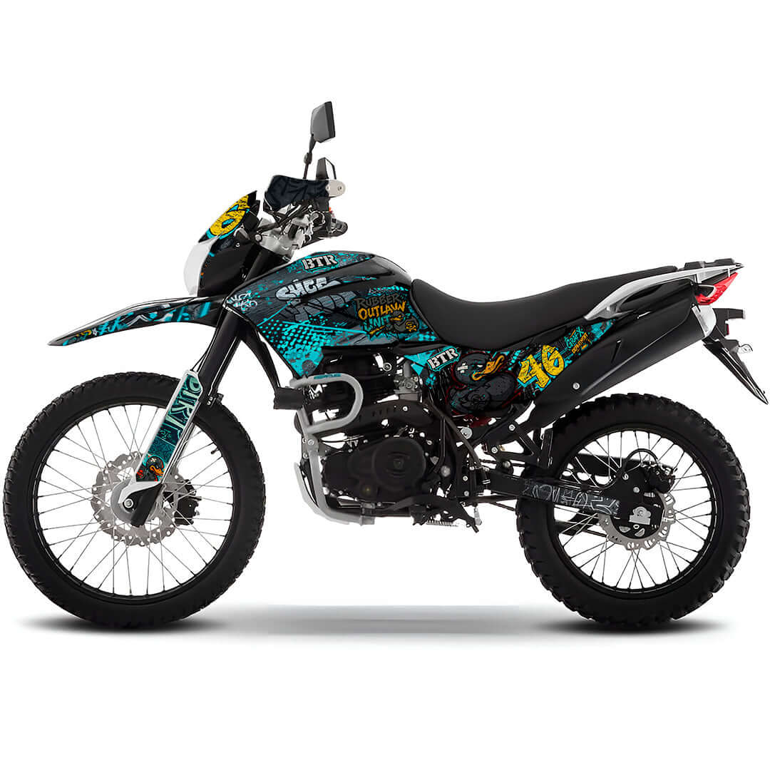 Sticker BTR Outlaw Unit para Italika DM250, DM200, Xeverus y Cross Max – Calcas premium estilo graffiti urbano – Kit de calcas premium para moto BTR