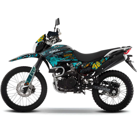 Sticker BTR Outlaw Unit para Italika DM250, DM200, Xeverus y Cross Max – Calcas premium estilo graffiti urbano – Kit de calcas premium para moto BTR
