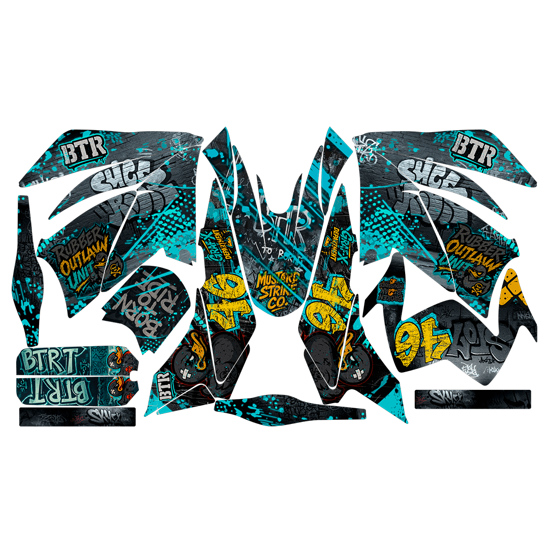 Sticker BTR Outlaw Unit para Italika DM250, DM200, Xeverus y Cross Max – Calcas premium estilo graffiti urbano – Kit de calcas premium para moto BTR