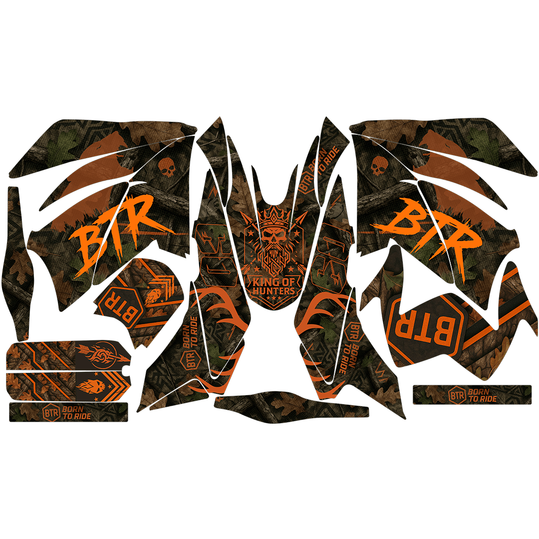 "Sticker BTR King of Hunters para Italika DM250, DM200, Xeverus y Cross Max. Diseño camuflaje premium, resistente y personalizable para terreno rudo." – Kit de calcas premium para moto BTR