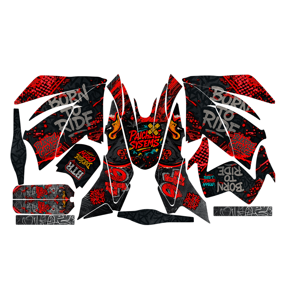 Sticker BTR Blackpool Garage para Italika DM250, DM200, Xeverus y Cross Max – Calcas premium estilo garage punk urbano – Kit de calcas premium para moto BTR