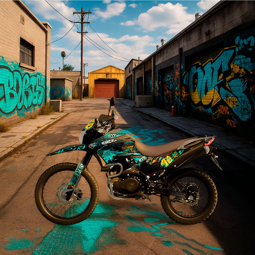 Sticker BTR Outlaw Unit para Italika DM250, DM200, Xeverus y Cross Max – Calcas premium estilo graffiti urbano – Kit de calcas premium para moto BTR